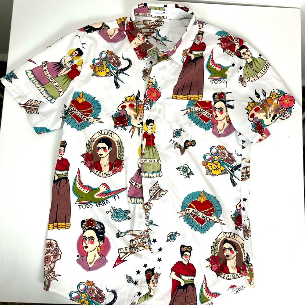 Frida Kahlo Printed ButtonUp Shirt Tattoo Style Day of the Dead Art Sz M Unisex
